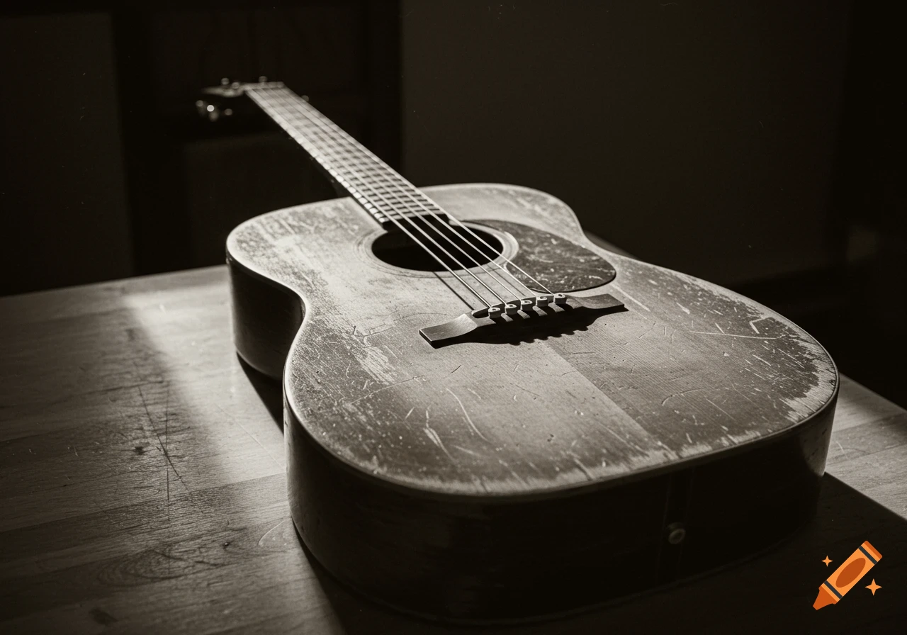 Vintage black and white photo of a beat-up acoustic guitar on a table, lit by side light.