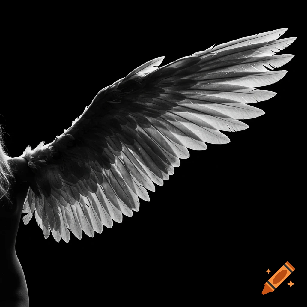 Close-up black and white image of a large, detailed wing, possibly an angel's, beside a person's bare back against a black background.