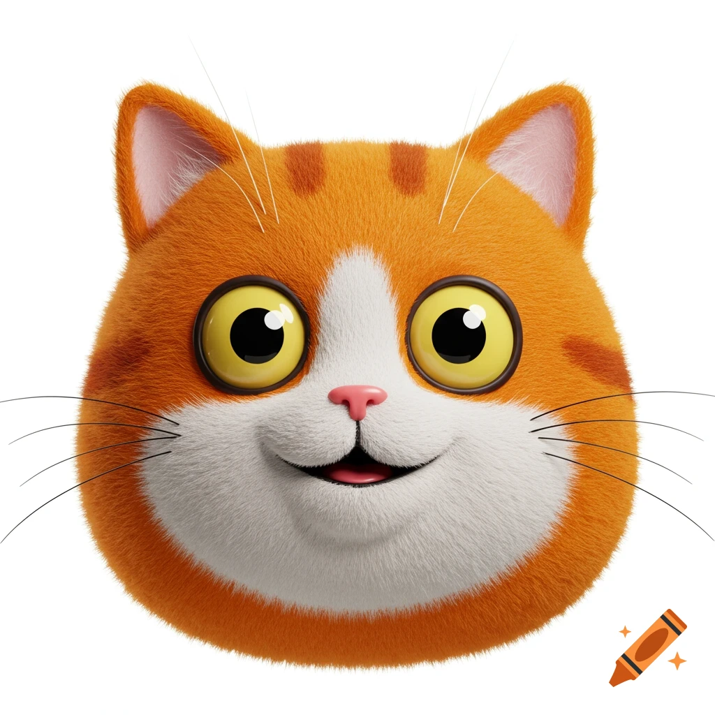 Close-up of a smiling cartoon orange cat's head with big yellow eyes, rendered in 3D.