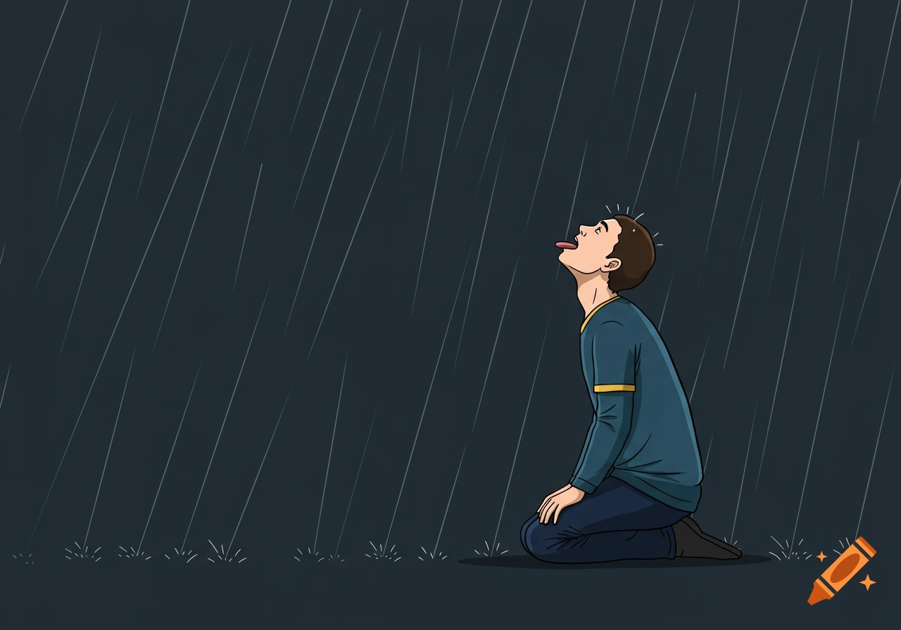 Illustration of a man kneeling in the rain, looking up with his tongue out.