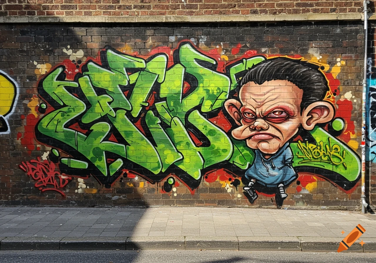 Vibrant graffiti mural on a brick wall featuring green stylized text and a cartoonish character.