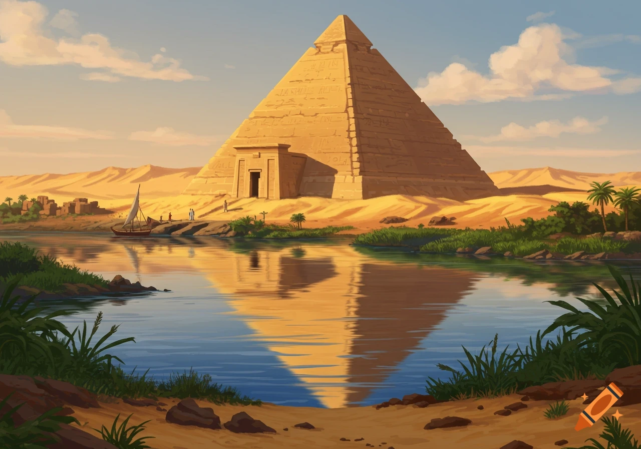 A large pyramid stands beside a river at sunset, with sand dunes and palm trees in the background, and a boat on the water.