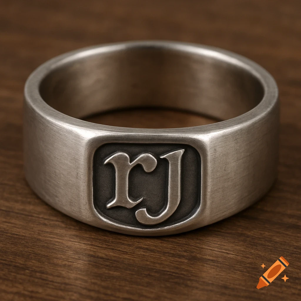 A close-up shot of a silver band ring with the letters r and J engraved on a rectangular face.