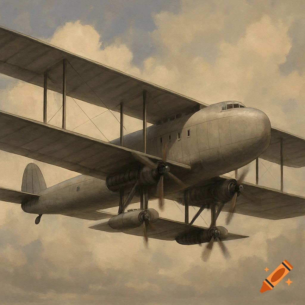A large, multi-winged vintage airplane flies through a cloudy sky, rendered in a painting style.