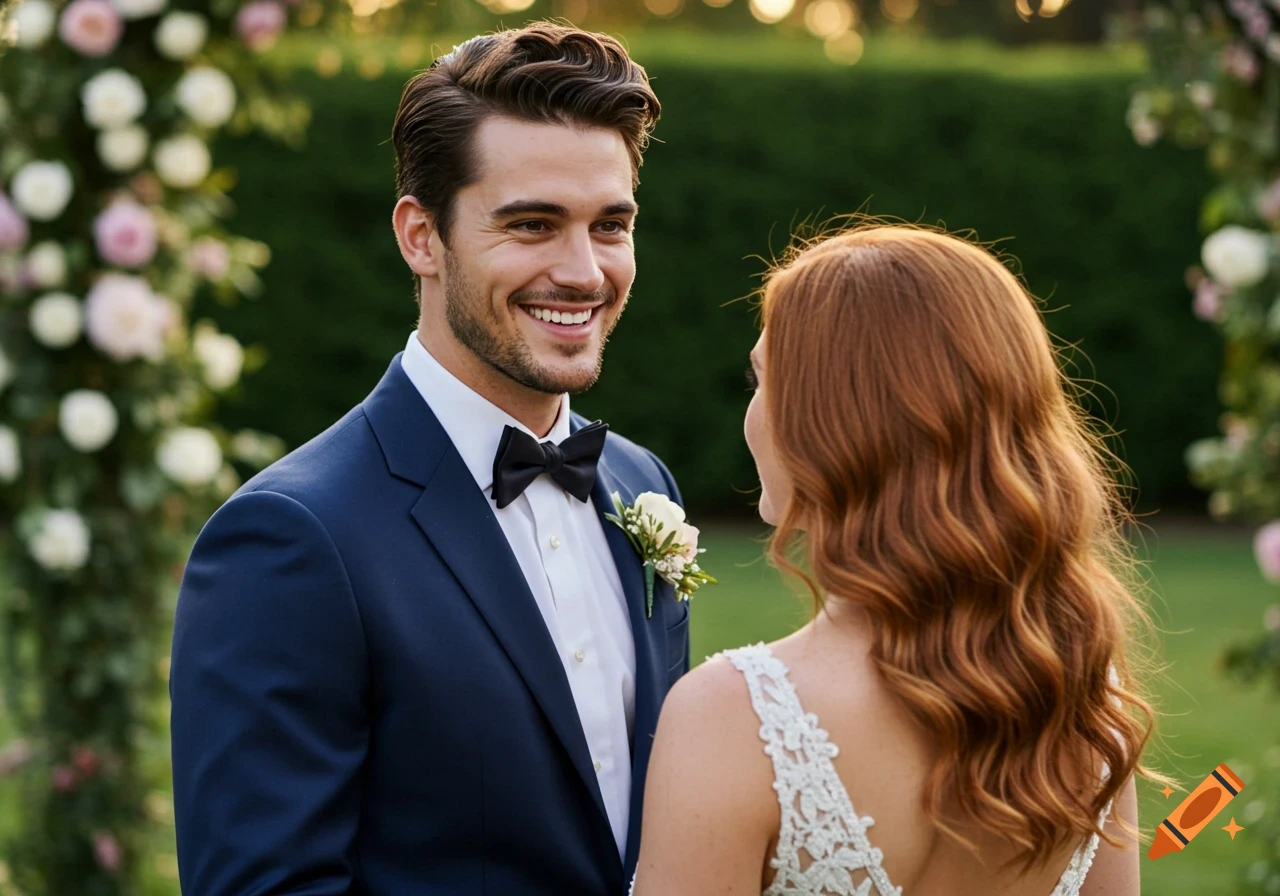 Groom smiling at bride during outdoor wedding ceremony