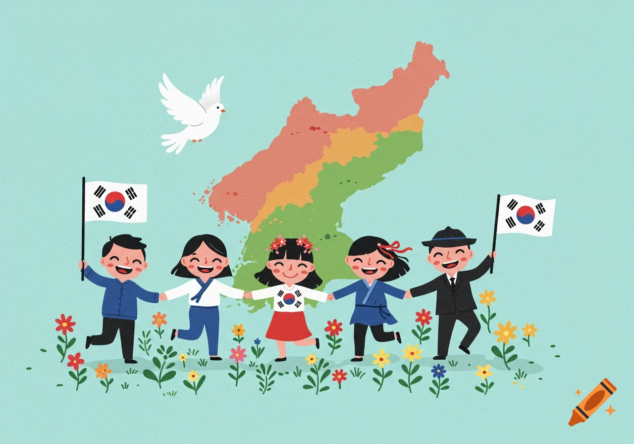Children hold hands with South Korean flags, map of Korea & dove behind them, illustration.