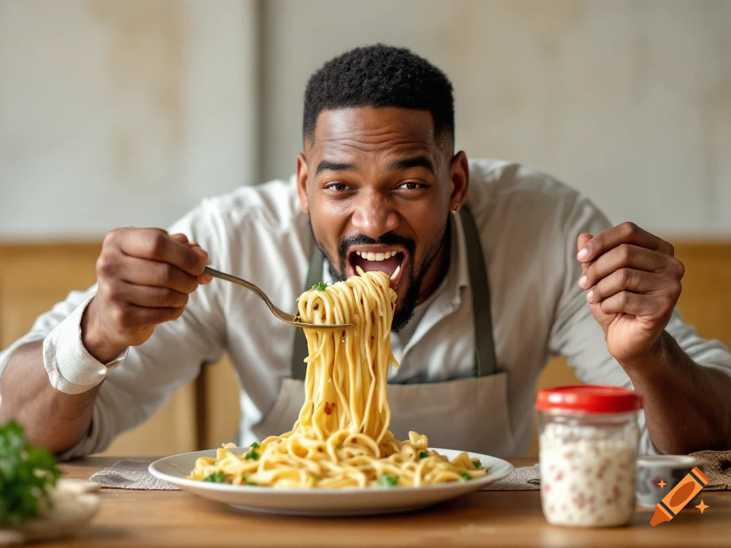 A man lifts a large forkful of spaghetti to his mouth.
