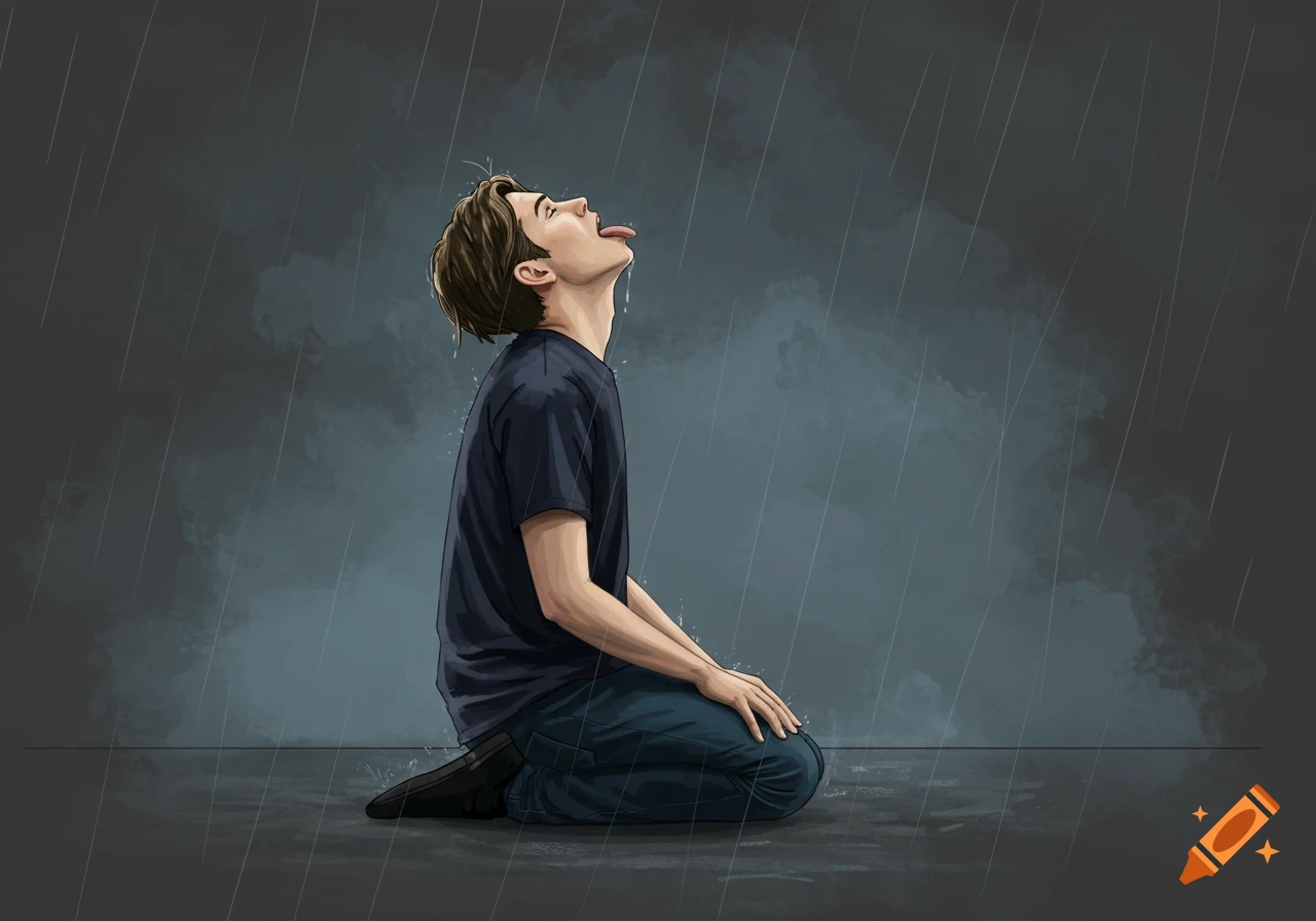 Illustration of a man kneeling in the rain, looking up with his tongue out.