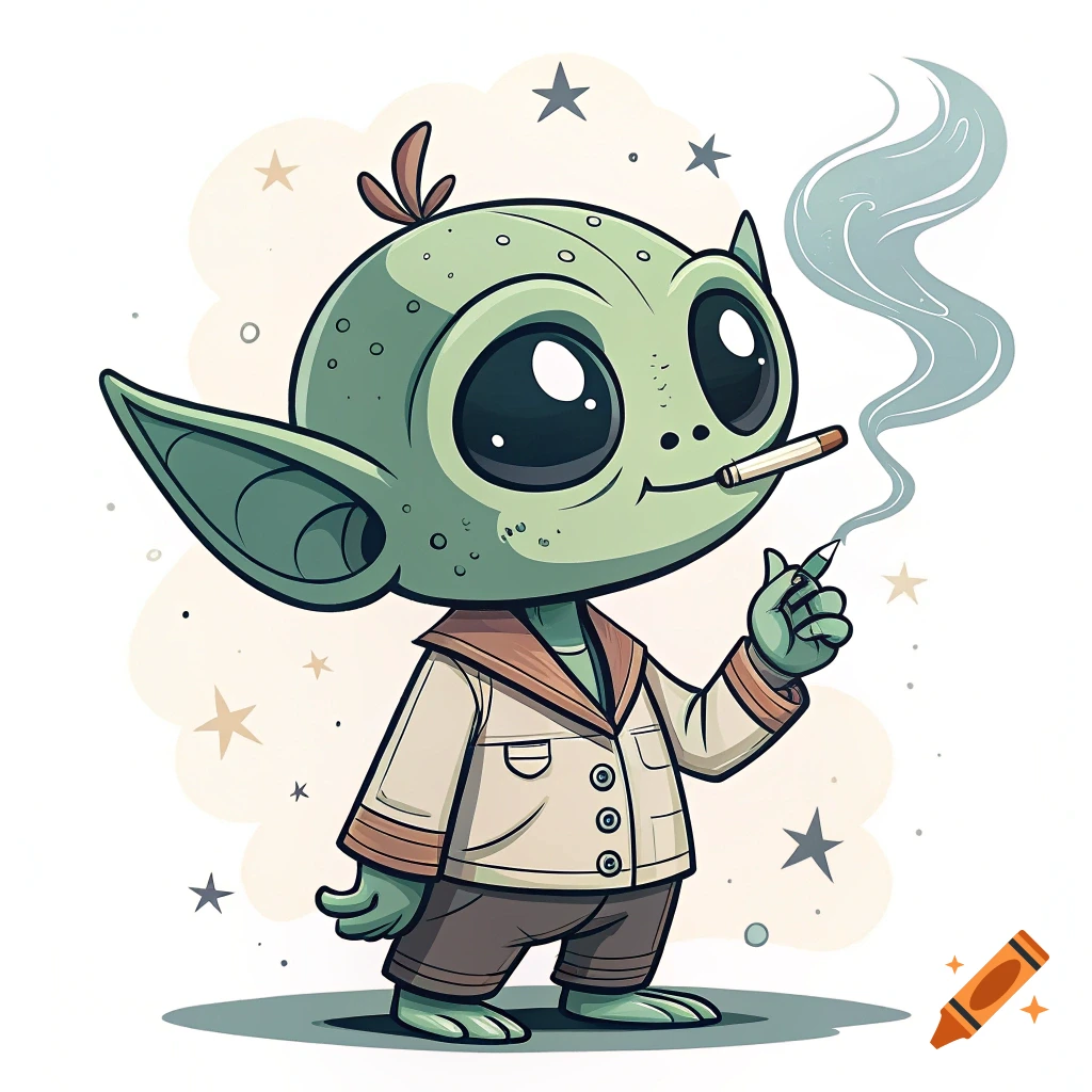 Cartoon illustration of a cute green alien creature smoking a cigarette.