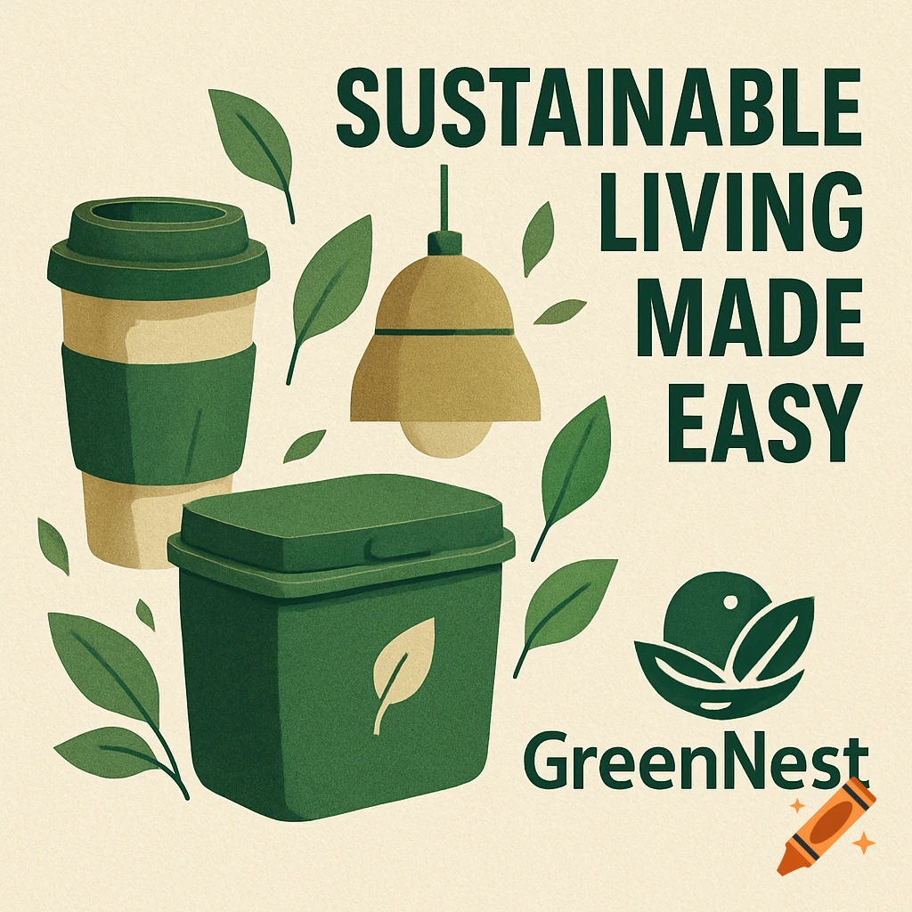 Illustration for GreenNest with reusable coffee cup, compost bin, light, leaves, and text 'Sustainable Living Made Easy'.