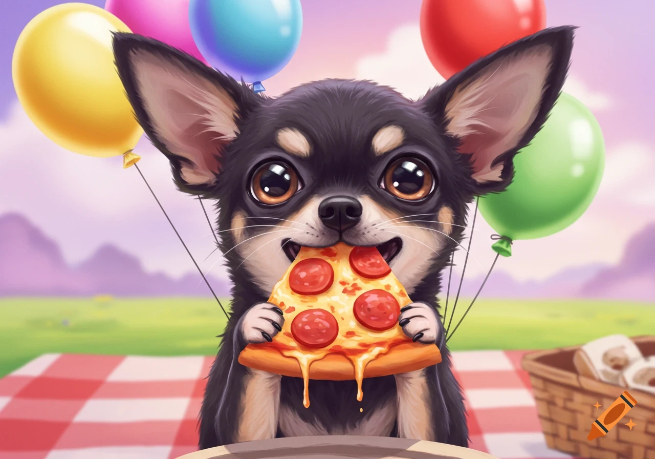 Cute chihuahua puppy eating pizza at a picnic with balloons.