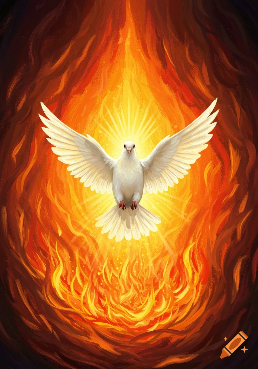 A white dove with outstretched wings flies through flames and light rays, in a painterly style.