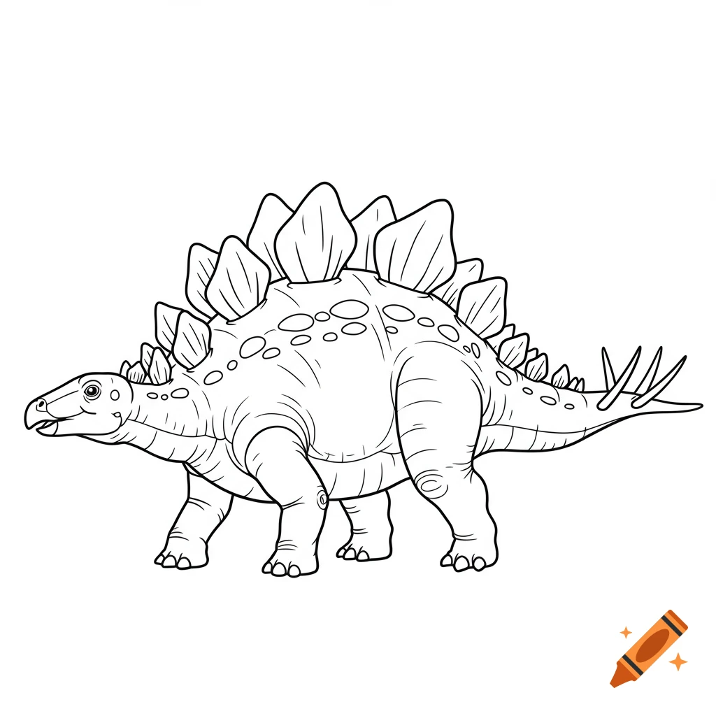 Black and white line art coloring page of a stegosaurus.