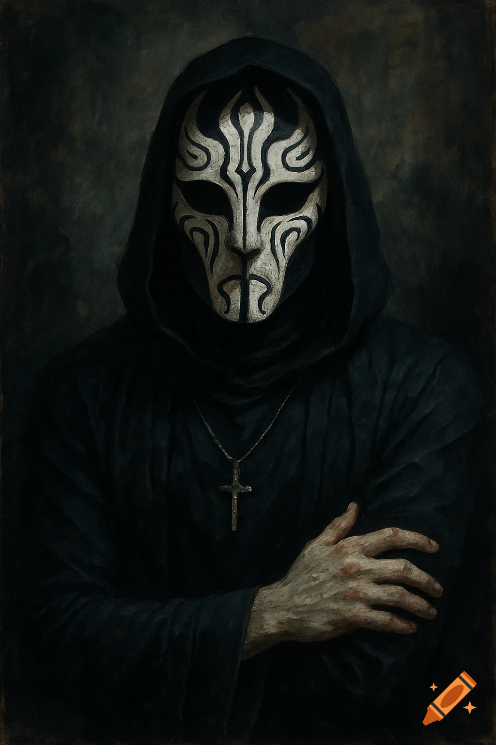 A person in a dark hood and a white, tribal-patterned mask wears a cross necklace and holds their arms crossed, in a dark painterly style.
