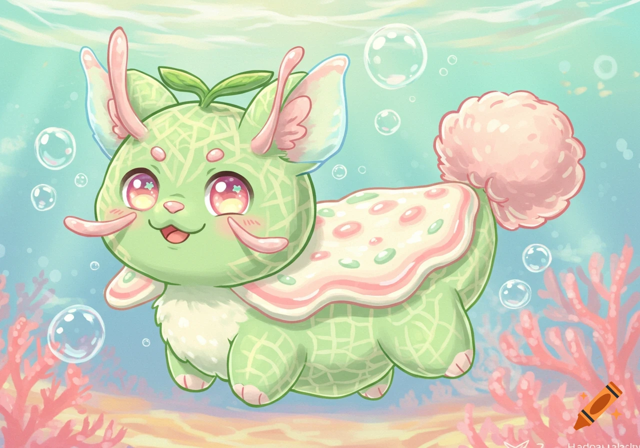 A cute green fantasy creature with a melon pattern body, pink fluffy tail, and shell floats underwater near coral.