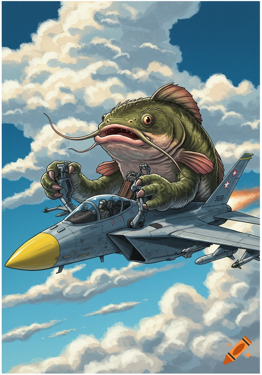 A large catfish flies a fighter jet through clouds.