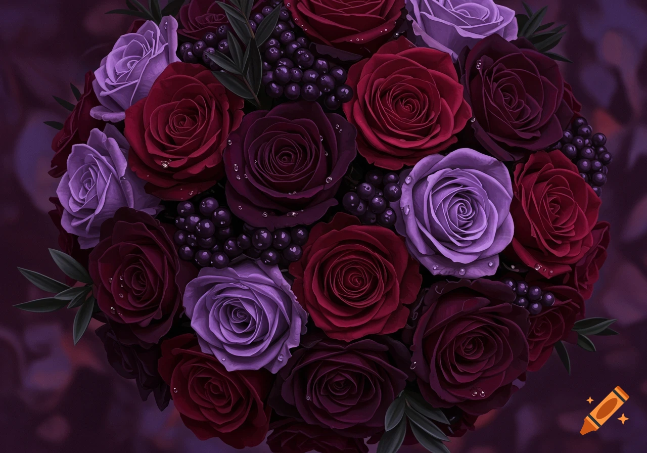 Close-up of a lush bouquet filled with dark red and purple roses, interspersed with dark berries and green leaves.