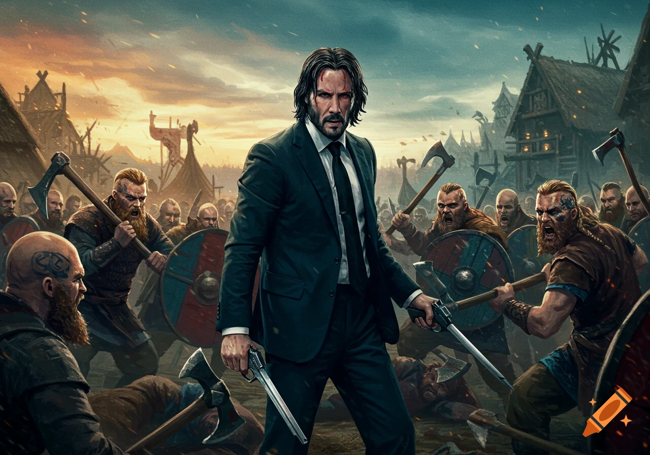 John Wick in a suit battles a horde of Vikings with pistols amidst a chaotic scene.