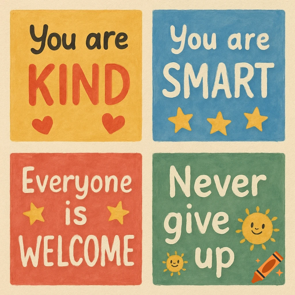 Illustration of four squares with positive quotes: You are KIND, You are SMART, Everyone is WELCOME, Never give up. Simple style.