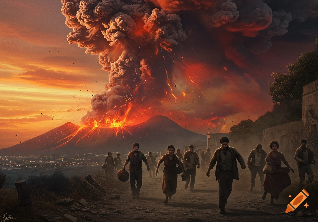 People run from a massive volcanic eruption with lava and smoke under an orange sky.