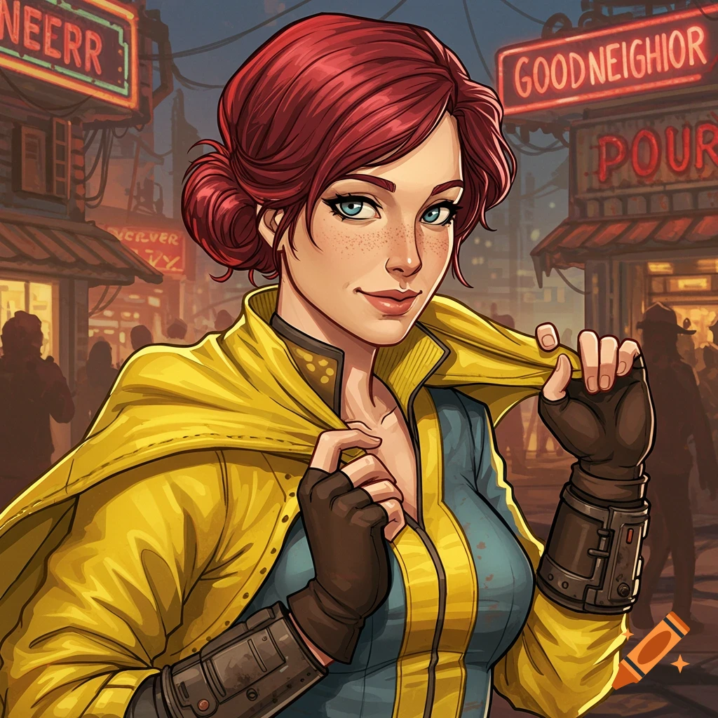 Stylized illustration of a woman with red hair in a yellow trench coat and blue jumpsuit, in a post-apocalyptic city.
