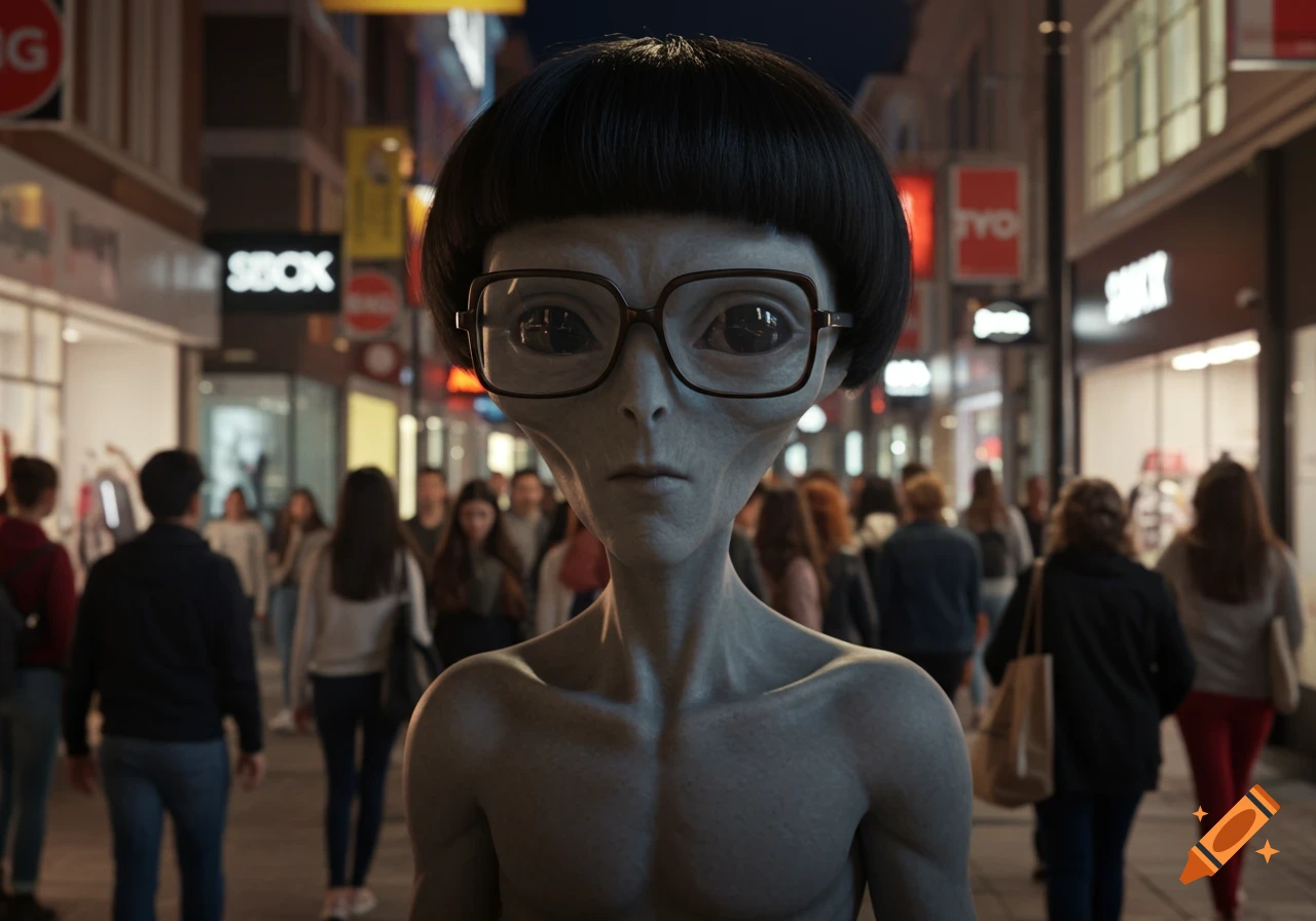 Photorealistic image of a gray alien with a bowl cut and glasses walking on a crowded shopping street.