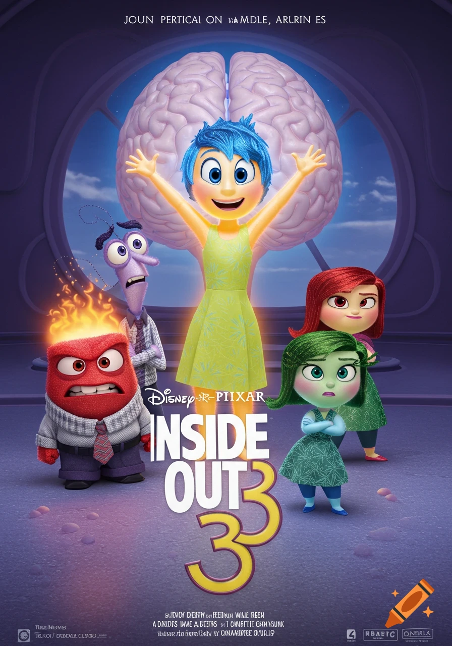 Animated movie poster for 'Inside Out 3' featuring Joy, Anger, Fear, Sadness, and Disgust standing before a giant brain.