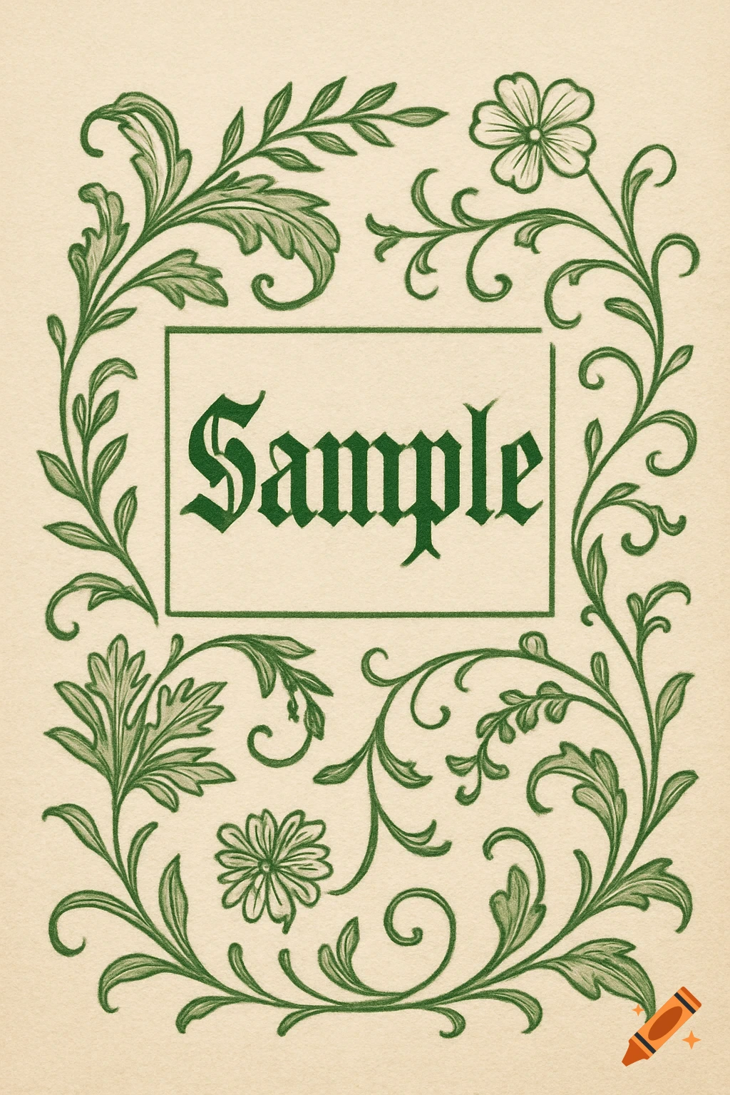 Green botanical border with vines and flowers around a box containing the word "Sample" in green gothic script on a light background.