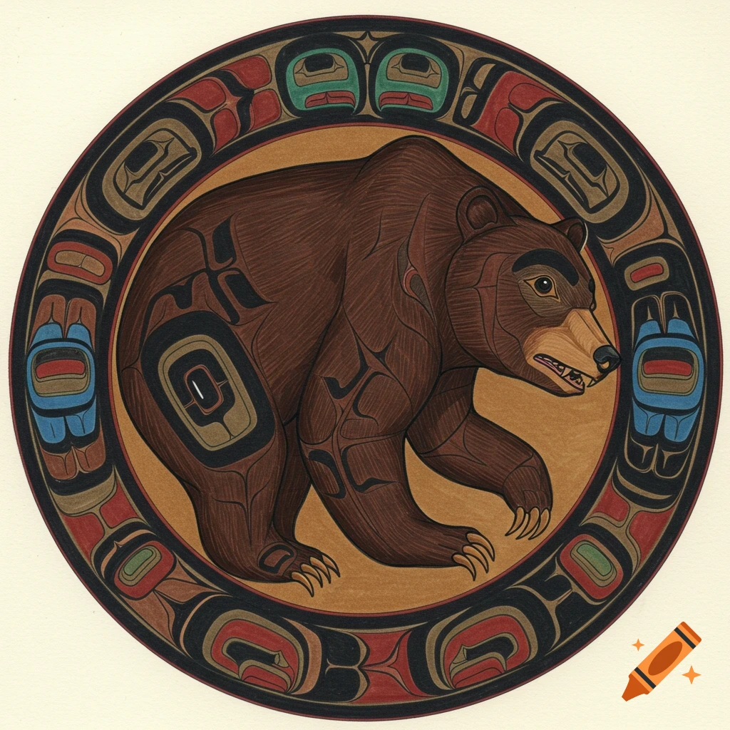A brown bear depicted in a circular Northwest Coast Indigenous art style frame with black, red, and blue patterns.
