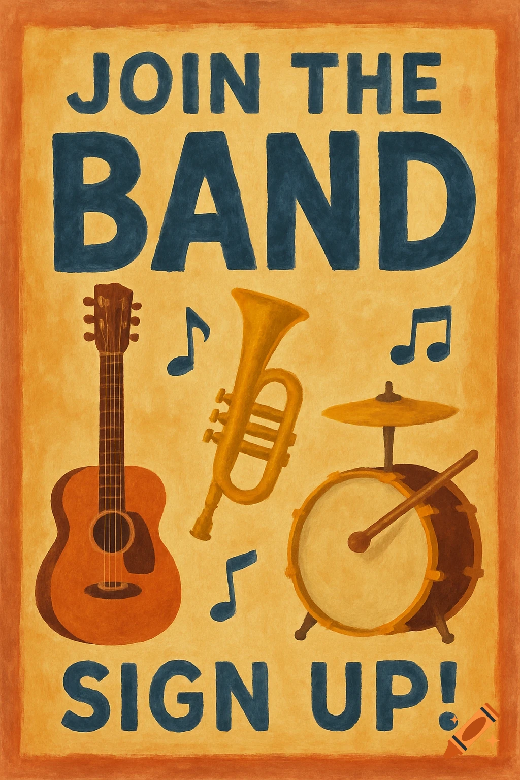 Vintage style poster with 'JOIN THE BAND SIGN UP!' text and illustrations of a guitar, trumpet, and drum kit.
