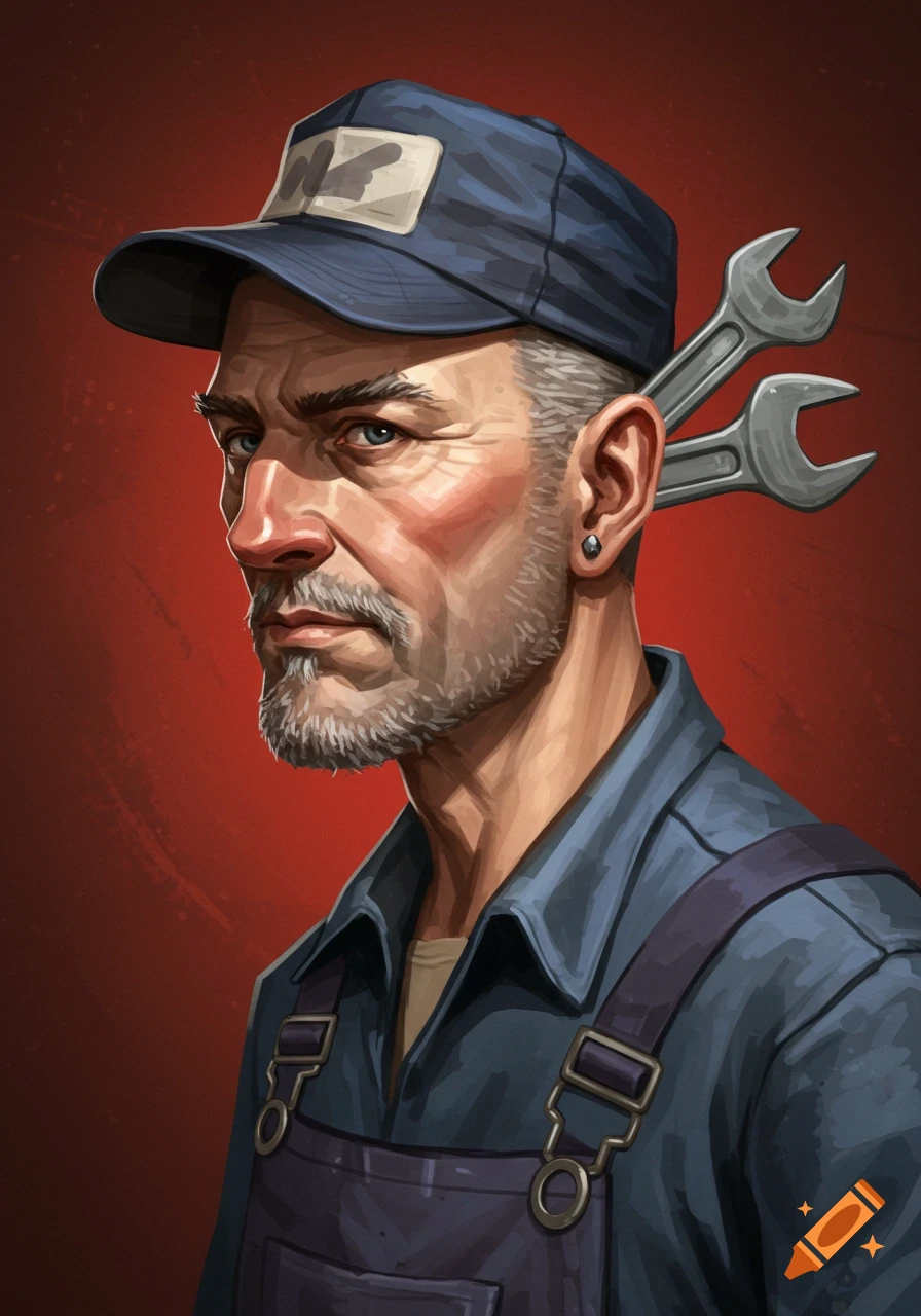 Painterly portrait of an older mechanic wearing overalls and a cap, with wrenches behind his ear.