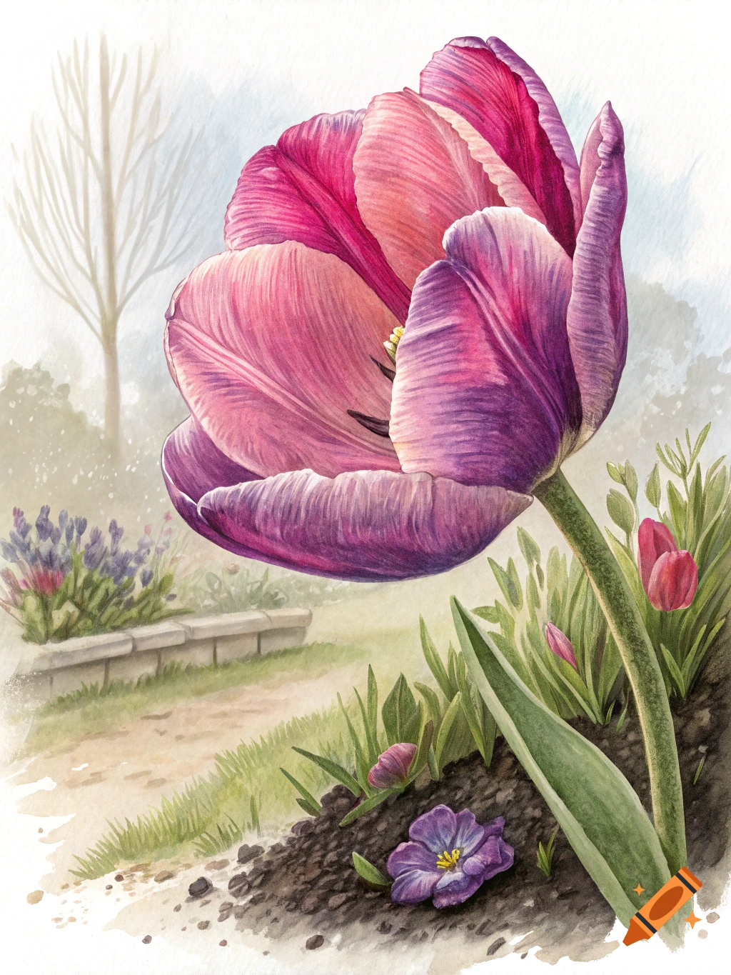 A large pink and purple tulip in a garden watercolor painting.