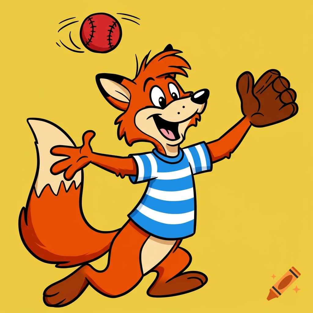 A cartoon fox character in a blue and white striped shirt catching a baseball.