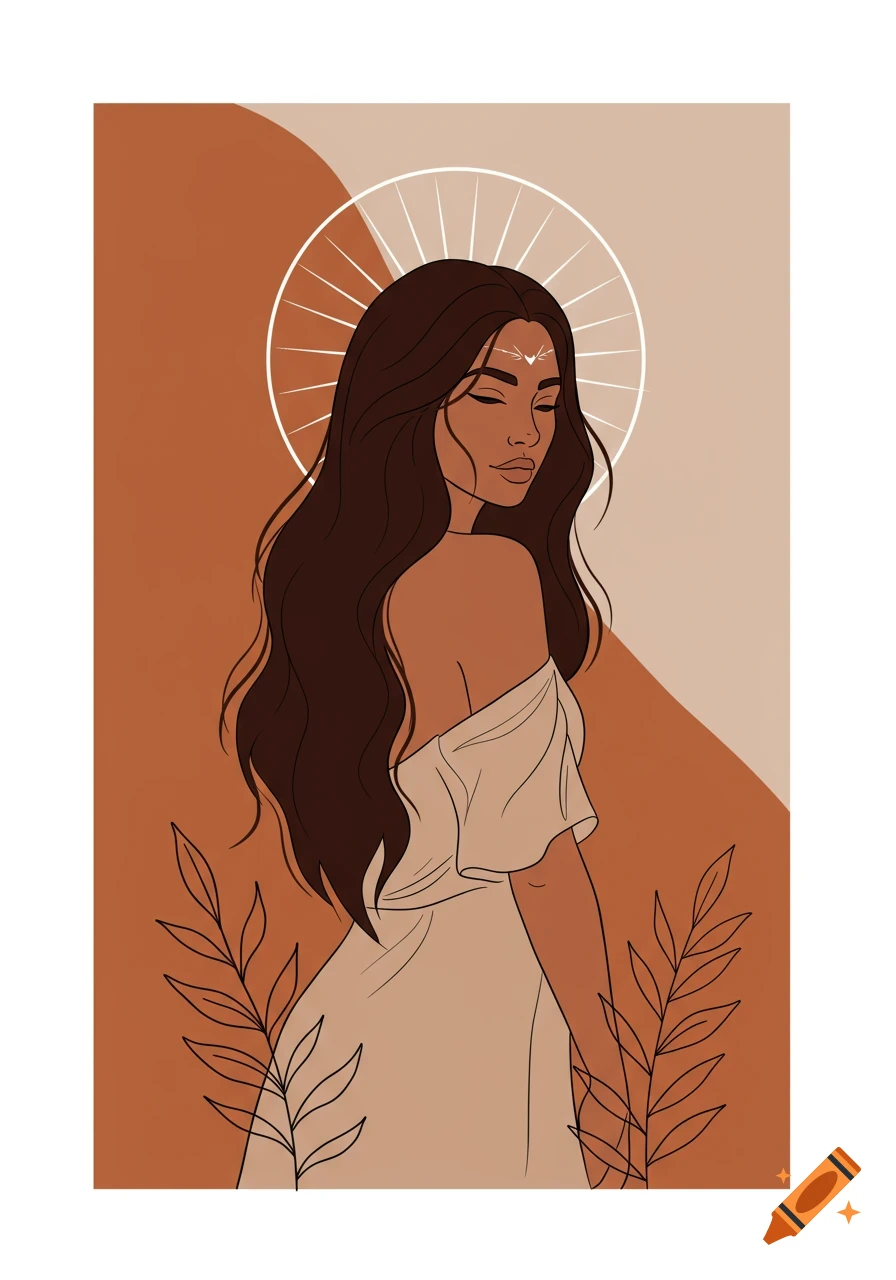 Minimalist boho line art illustration of a woman with a sun halo
