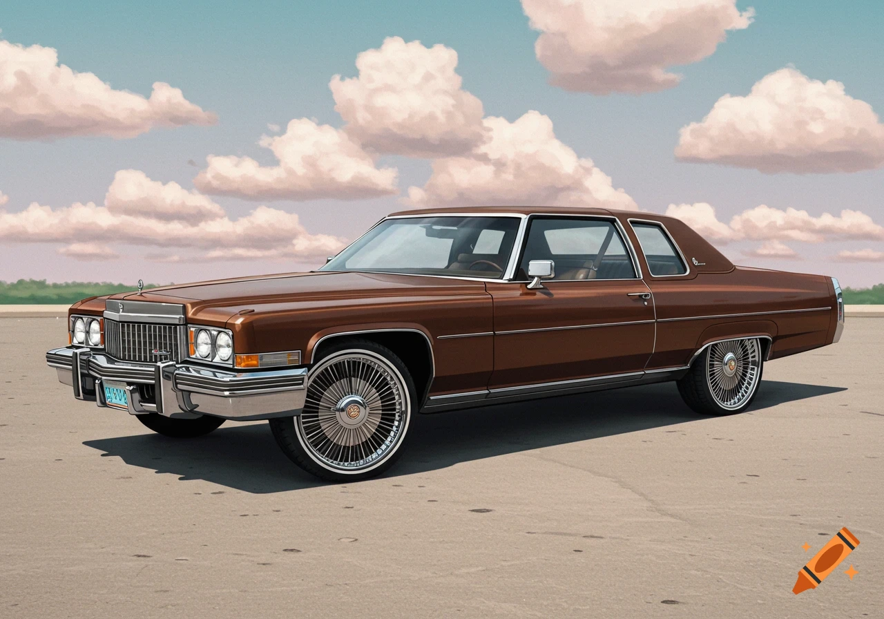 A brown 1974 Cadillac with spoke rims parked under a cloudy sky.