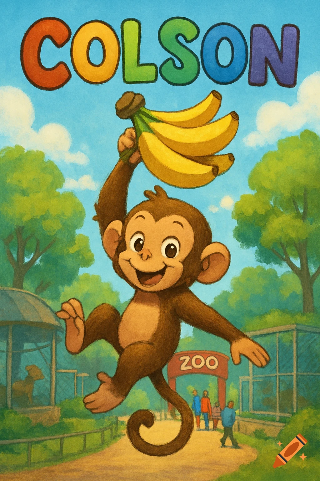 A playful cartoon monkey hangs from bananas in a zoo, with "Colson" text above.