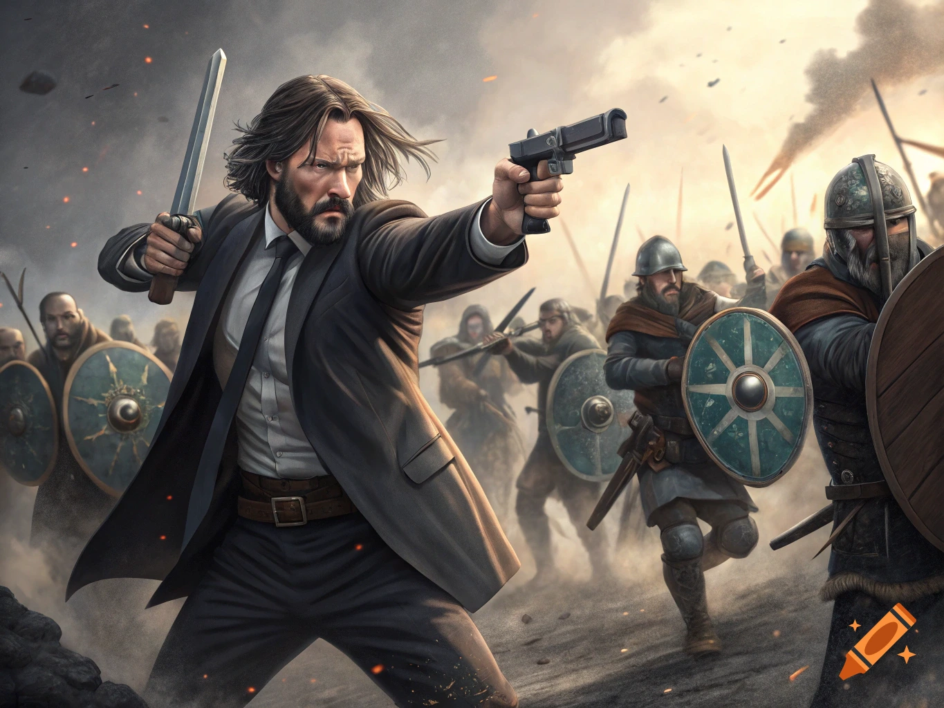 John Wick-like figure with a sword and pistol leads vikings into battle.