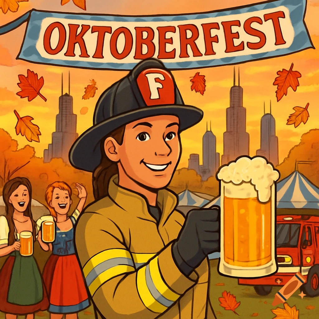 Cartoon of a female firefighter holding a beer mug at Oktoberfest with a banner, people, leaves, and the Chicago skyline.