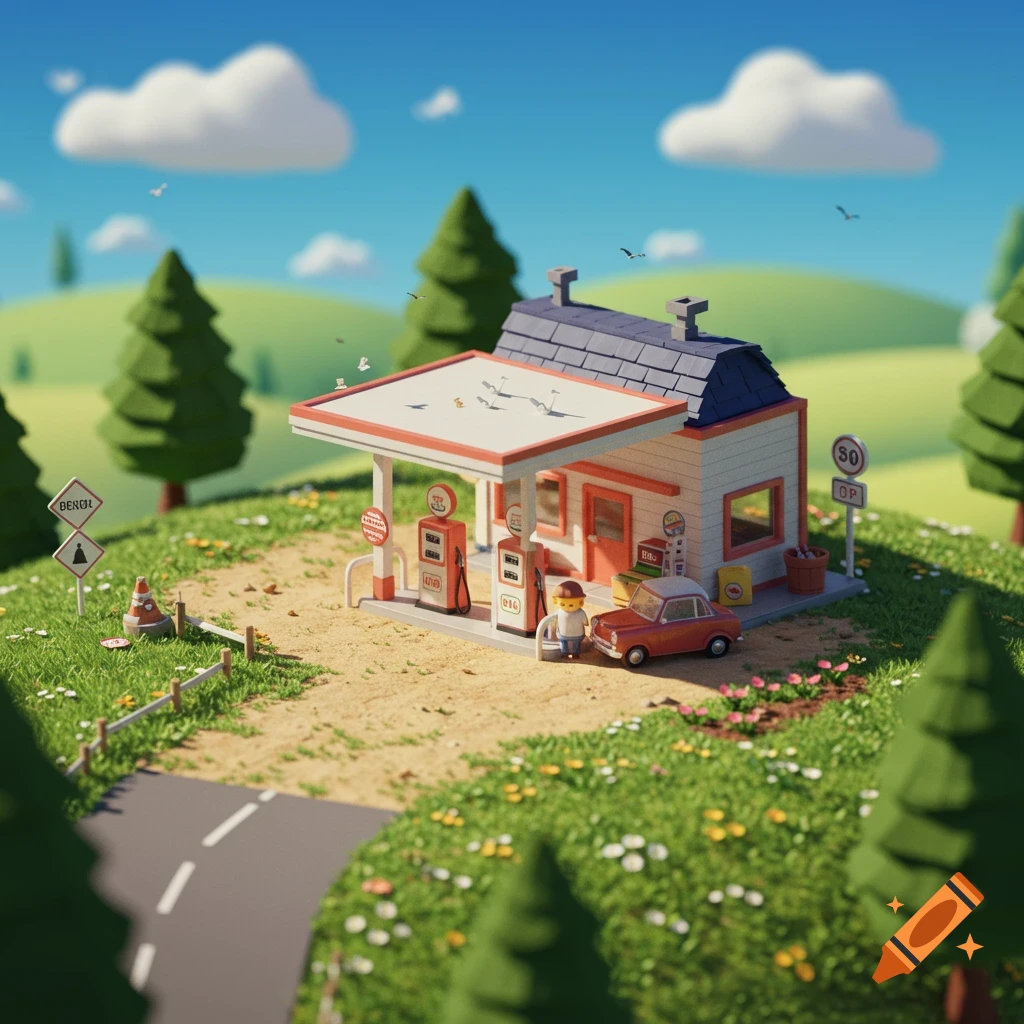 Miniature diorama of a gas station, small car, and figure in a grassy landscape under a blue sky.