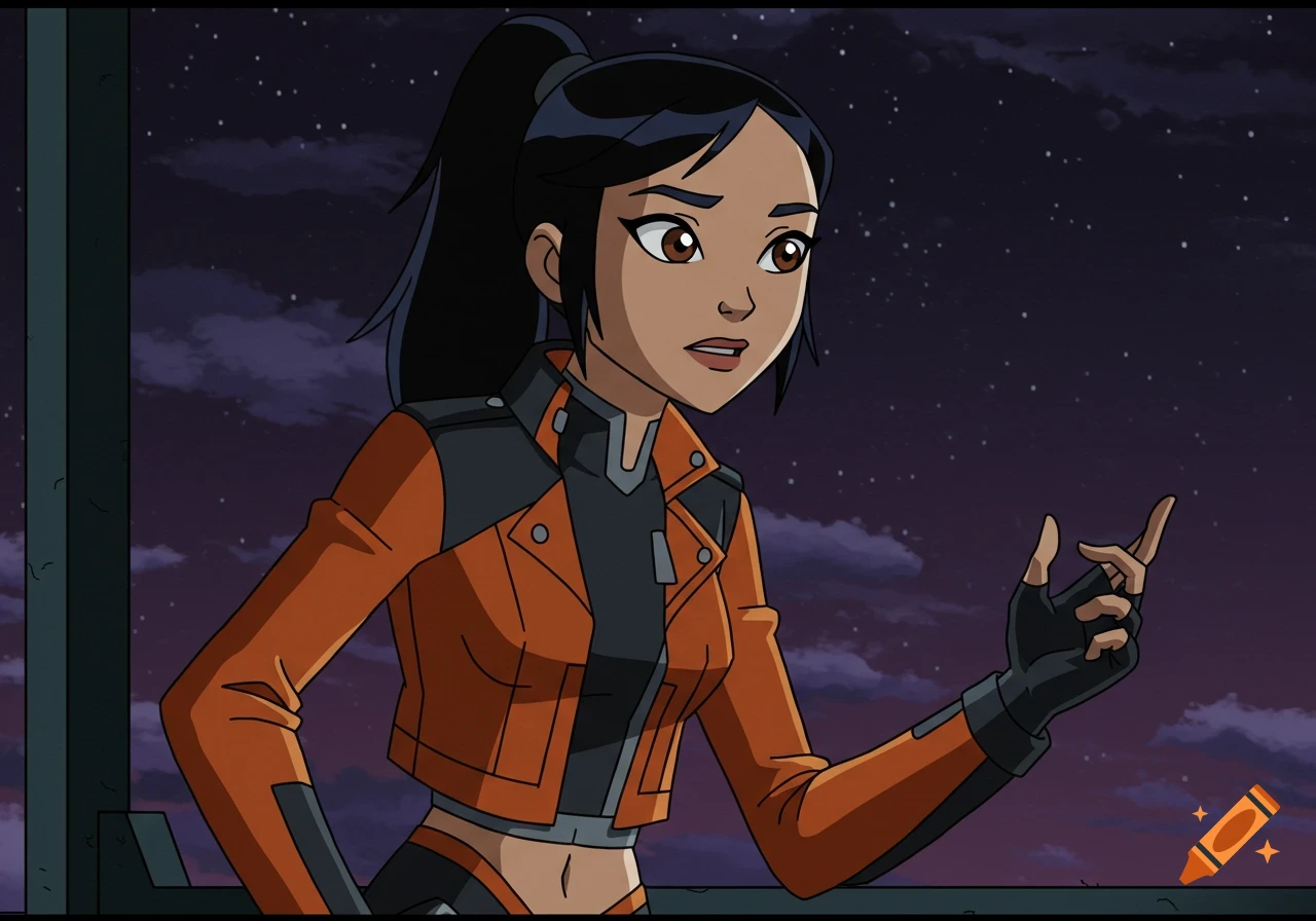 Animated Asian woman in orange and black biker jacket looking out at night.