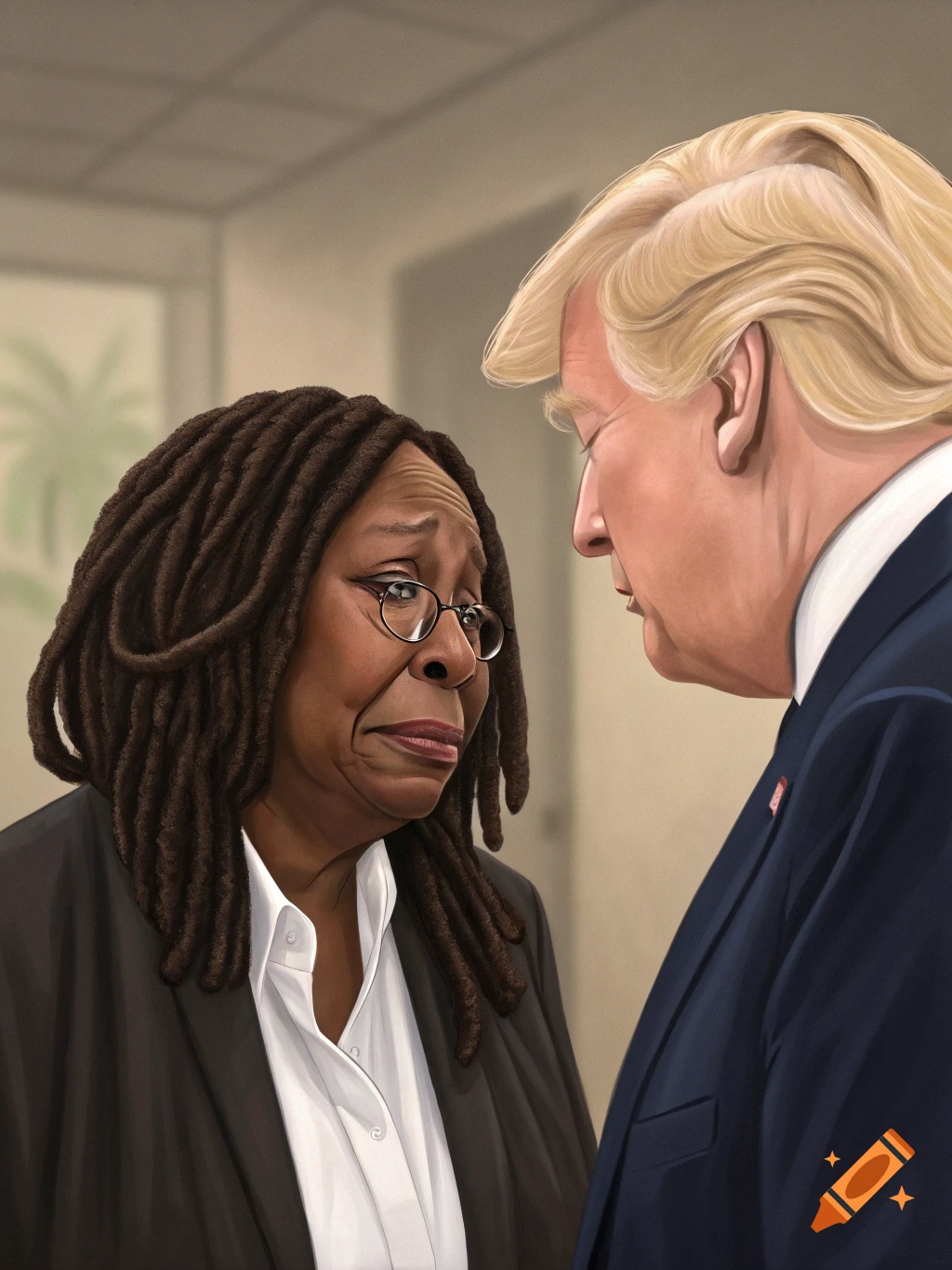 Caricature of Whoopi Goldberg looking distressed while facing Donald Trump.