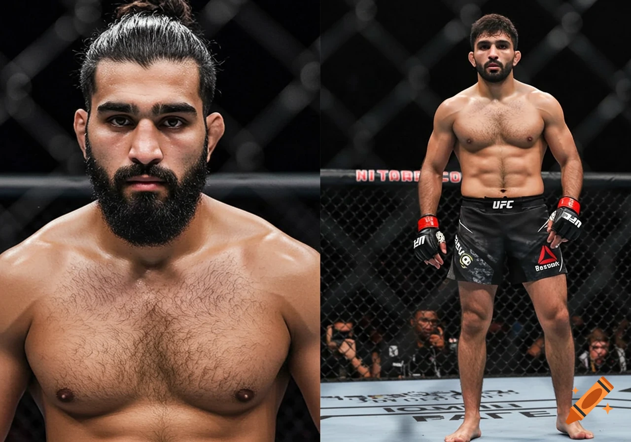 Split image shows an MMA fighter in an octagon, one close-up of his face, and one full body shot.