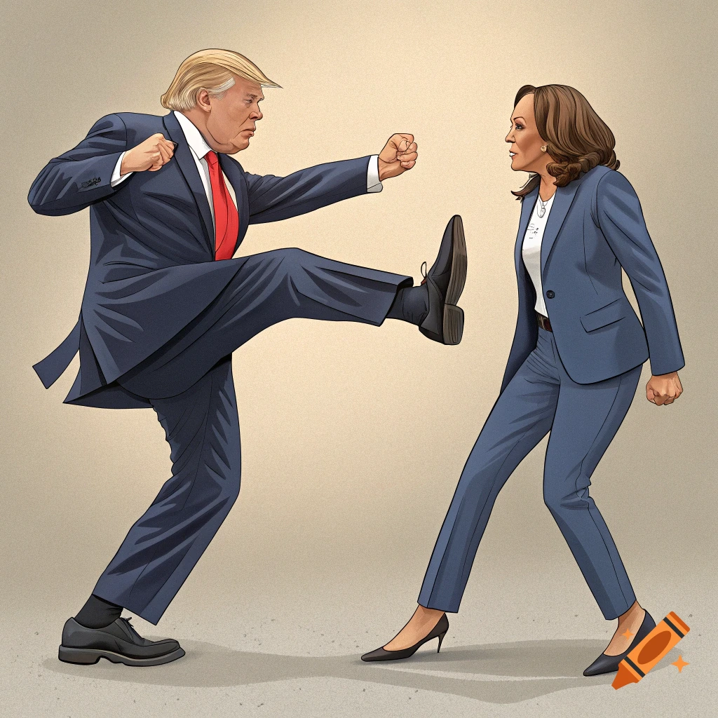 Cartoon illustration of Donald Trump kicking Kamala Harris.
