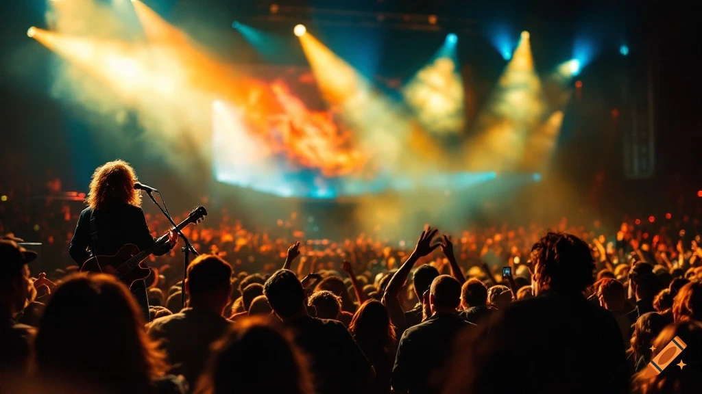 Rock musician on stage performing in front of a large crowd at a concert with spotlights and smoke.