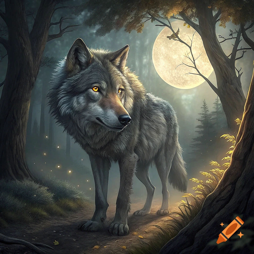 A wolf with glowing eyes stands on a forest path under a full moon in a mystical setting.