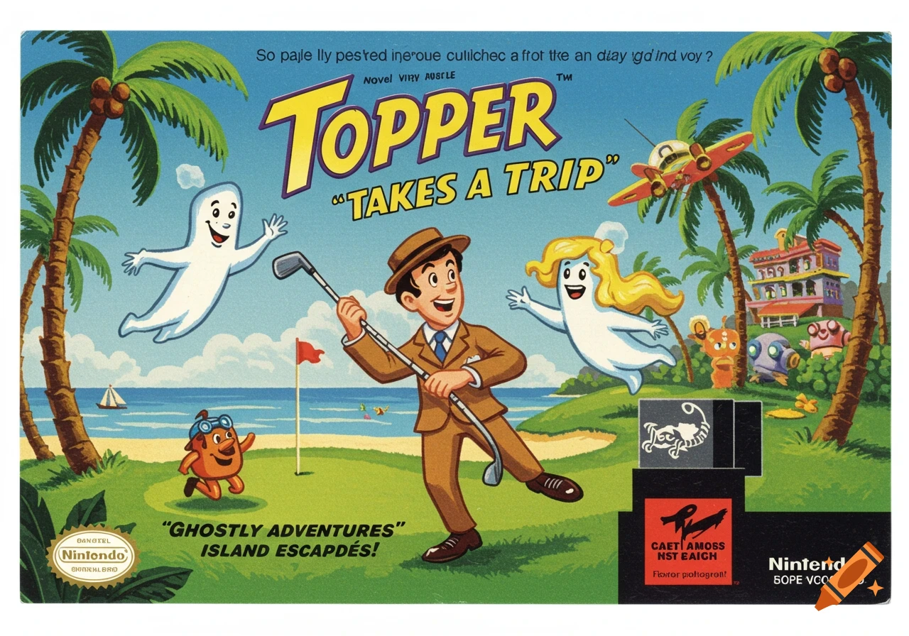 Vintage-style game box art for 'Topper Takes a Trip' shows a man golfing with ghost characters and cartoon creatures on a tropical island.