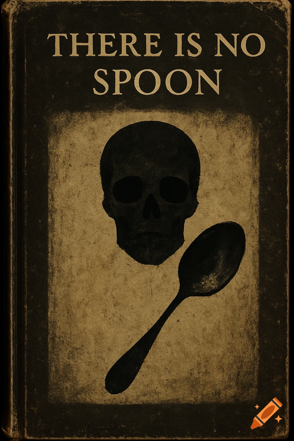 An old, dark, textured book cover with the title THERE IS NO SPOON above a skull and spoon silhouette.