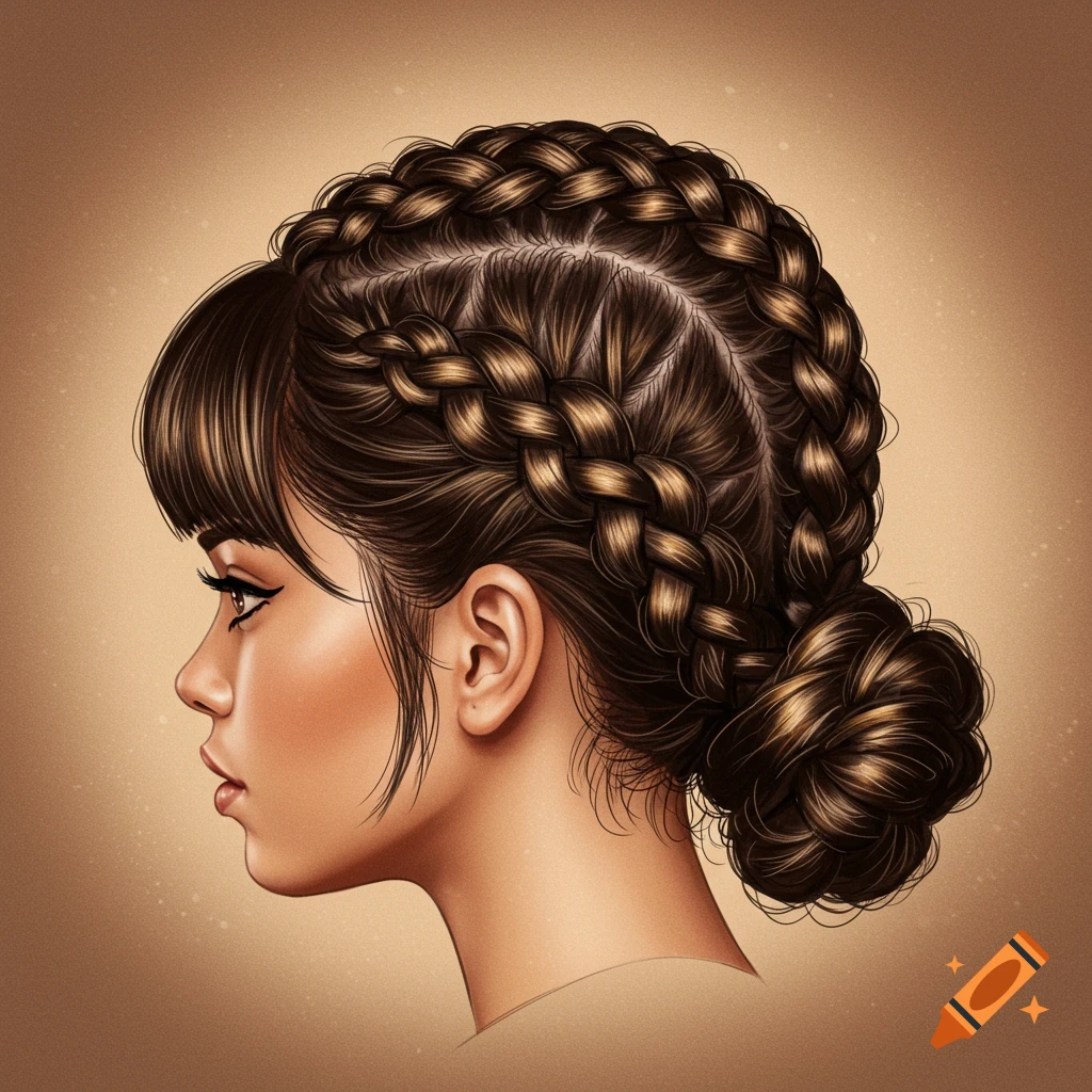 Profile of a woman with an intricate braided hairstyle featuring cornrows and a bun, illustrated.