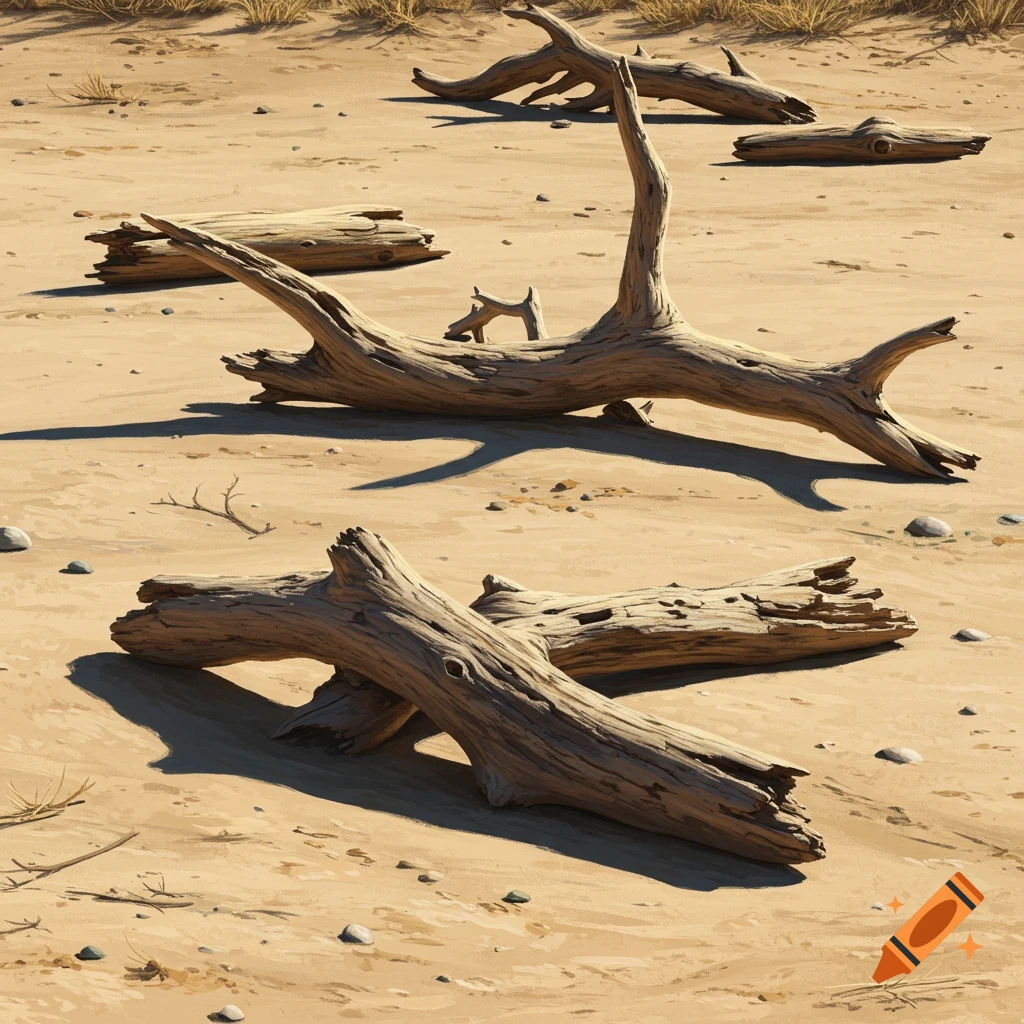 Weathered driftwood lies scattered across a sandy riverbed.