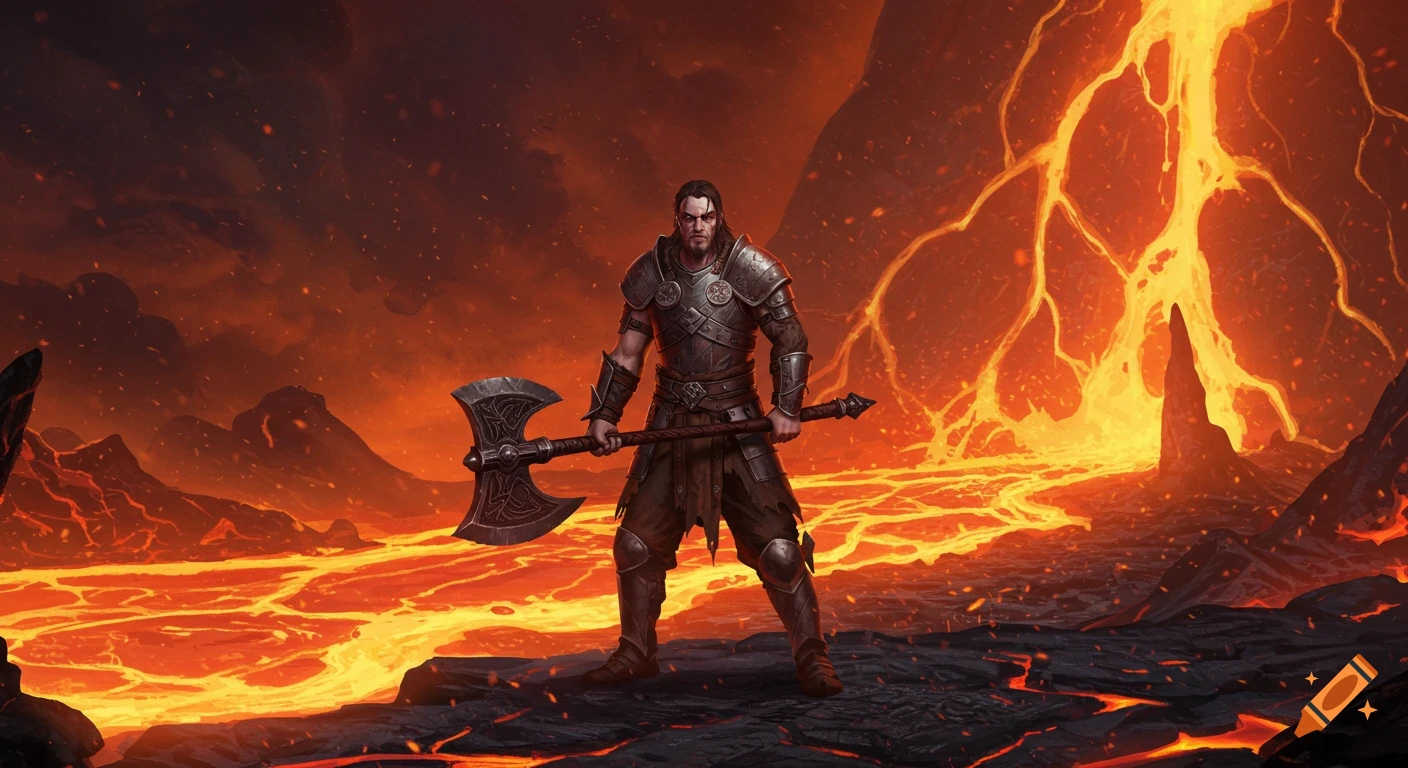Warrior standing in a fiery lava landscape holding a large axe.